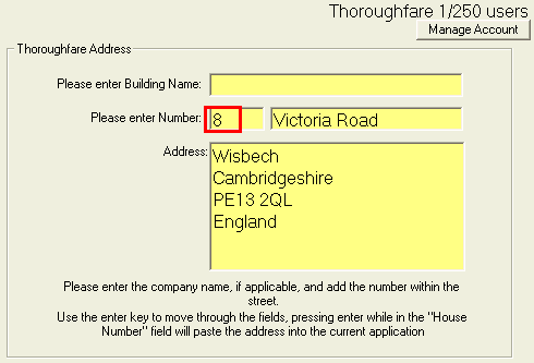 thoroughfare PAF (Royal Mail) address finder being used