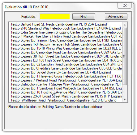 Results of Advanced Postcode Search