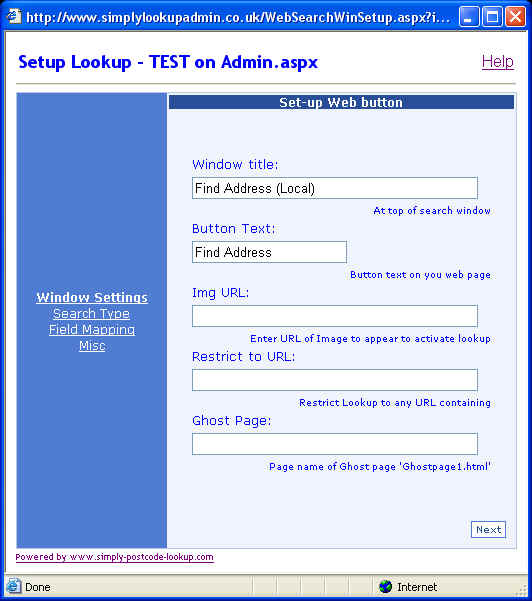 Postcode lookup up window settings