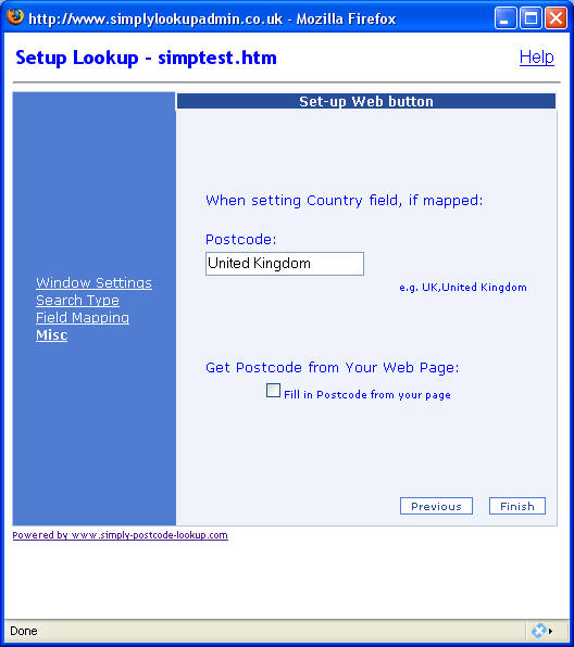 Postcode Lookup window select country
